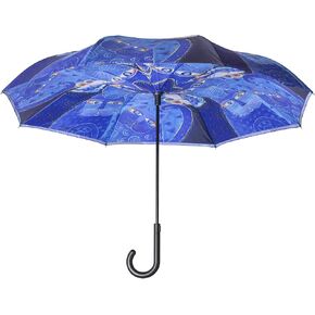 Galleria Reverse Close Stick Umbrella Laurel Burch Indigo Cats-art on both sides