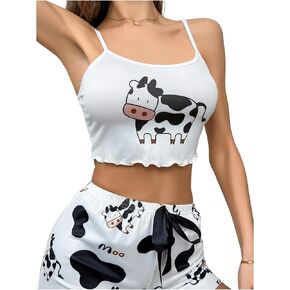 WDIRARA Women's Cow Print Sleeveless Pajama Top Lettuce Trim Fitted Crop Cami Tops