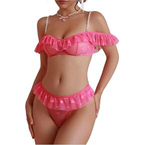 OYOANGLE Women's Heart Print Sheer Lingerie Set Pearl Beaded Ruffle Trim Bra and Panty Boudoir Outfits
