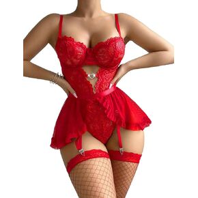 Women Lingerie with Garter Belt 4pcs Set Lace Contrast Mesh Bodysuit Ruffle Garter Belt Skirt Red