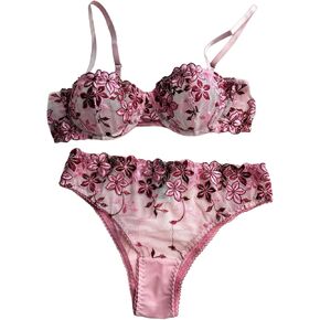SOLY HUX Women's Lingerie Set Floral Embroidery Mesh Sheer See Through Bra and Panty Sets