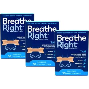 Breathe Right Nasal Strips to Stop Snoring, Drug-Free, Original Tan Large, 30 count, 3 Packages