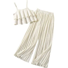 MakeMeChic Girl's 2 Piece Outfits Ruffle Tiered Cami Top and Elastic Waist Pants Set Summer Clothing Sets