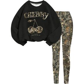 Girl's 2 Piece Camo Graphic Outfits Long Sleeve Crewneck Sweatshirt and Leggings Y2K Cute Streetwear