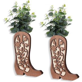 Havawish 2 Pcs Wood Cowboy Boots Wall Planter for Indoor Plants 12 x 8'' Cowboy Boot Flower Vase Hanging Pocket Vases for Flower Faux Greenery Wood Wall Decor for Bathroom Bedroom(Retro Style)