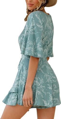 Bonkwa Women's Casual Rompers Floral Print Mid Sleeves Waist Tie Romper Ruffle Hem Deep V-Neck Short Jumpsuits for Summer in Saudi Arabia