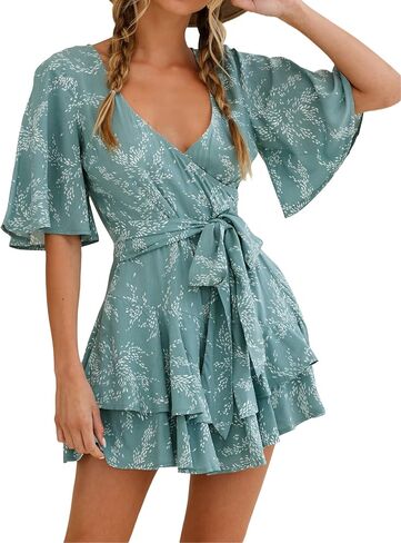 Bonkwa Women's Casual Rompers Floral Print Mid Sleeves Waist Tie Romper Ruffle Hem Deep V-Neck Short Jumpsuits for Summer in Saudi Arabia