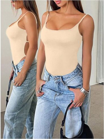 Milumia Women Sexy Backless Bodysuits Scoop Neck Open Back Night Out Club Bodysuit Tops in Saudi Arabia