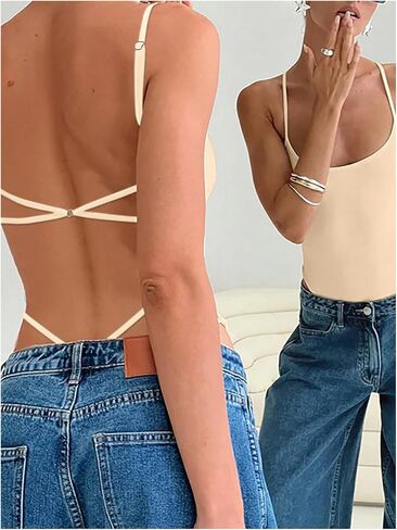 Milumia Women Sexy Backless Bodysuits Scoop Neck Open Back Night Out Club Bodysuit Tops in Saudi Arabia