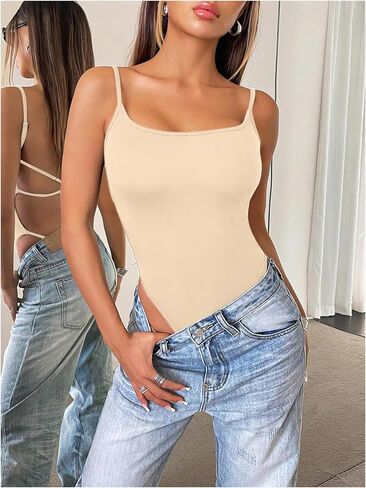 Milumia Women Sexy Backless Bodysuits Scoop Neck Open Back Night Out Club Bodysuit Tops in Saudi Arabia