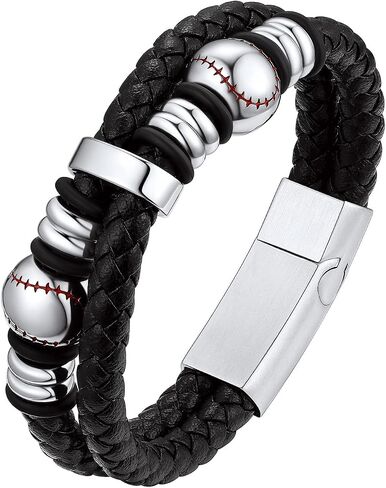 Bestyle Genuine Leather Braided Black Baseball Bead Bracelets for Men Boys, Fashion Wirstband Ball Sport Bracelets Mens Sports Jewelry for Baseball Sprots Fan Maior League Baseball Player in Saudi Arabia