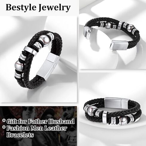 Bestyle Genuine Leather Braided Black Baseball Bead Bracelets for Men Boys, Fashion Wirstband Ball Sport Bracelets Mens Sports Jewelry for Baseball Sprots Fan Maior League Baseball Player in Saudi Arabia