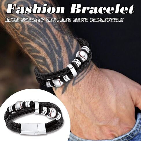 Bestyle Genuine Leather Braided Black Baseball Bead Bracelets for Men Boys, Fashion Wirstband Ball Sport Bracelets Mens Sports Jewelry for Baseball Sprots Fan Maior League Baseball Player in Saudi Arabia