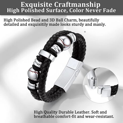 Bestyle Genuine Leather Braided Black Baseball Bead Bracelets for Men Boys, Fashion Wirstband Ball Sport Bracelets Mens Sports Jewelry for Baseball Sprots Fan Maior League Baseball Player in Saudi Arabia