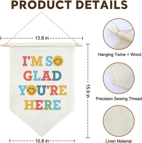 I'm So Glad You're Here Canvas Hanging Pennant Flag, Home School Classroom Kids Room Nursery Decor, Inclusive Classroom Banner, Inspirational Gifts for Family Friend Classmate BFF in Saudi Arabia