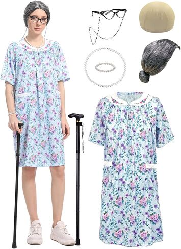 مجموعة أزياء Cupohus للسيدة الباروكة للسيدة ، 100 يوم من المدرسة البالغة لباس الجدة ، شعر مستعار رمادي ، قصب ، ملابس فستان الأزهار in Kuwait