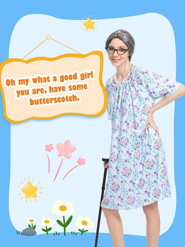 مجموعة أزياء Cupohus للسيدة الباروكة للسيدة ، 100 يوم من المدرسة البالغة لباس الجدة ، شعر مستعار رمادي ، قصب ، ملابس فستان الأزهار in Kuwait