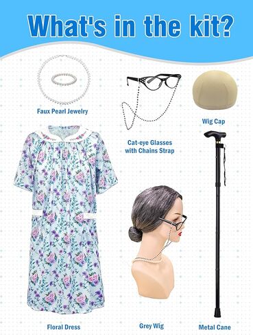 مجموعة أزياء Cupohus للسيدة الباروكة للسيدة ، 100 يوم من المدرسة البالغة لباس الجدة ، شعر مستعار رمادي ، قصب ، ملابس فستان الأزهار in Kuwait