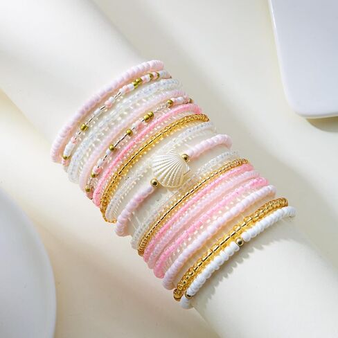 18Pcs Colorful Bohemia Seed Beaded Bracelets Handmade Adjustable Stackable Rainbow Beaded Stretch Bracelet Anket Multilayer Vaction Elastic Bracelet for Women Summer Beach Boho Jewelry Gifts in Saudi Arabia