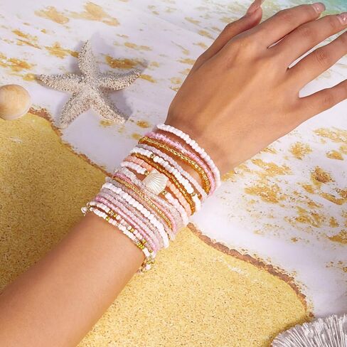18Pcs Colorful Bohemia Seed Beaded Bracelets Handmade Adjustable Stackable Rainbow Beaded Stretch Bracelet Anket Multilayer Vaction Elastic Bracelet for Women Summer Beach Boho Jewelry Gifts in Saudi Arabia