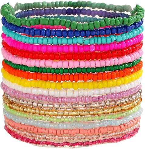 18Pcs Colorful Bohemia Seed Beaded Bracelets Handmade Adjustable Stackable Rainbow Beaded Stretch Bracelet Anket Multilayer Vaction Elastic Bracelet for Women Summer Beach Boho Jewelry Gifts in Saudi Arabia