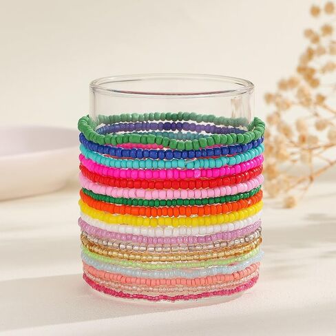 18Pcs Colorful Bohemia Seed Beaded Bracelets Handmade Adjustable Stackable Rainbow Beaded Stretch Bracelet Anket Multilayer Vaction Elastic Bracelet for Women Summer Beach Boho Jewelry Gifts in Saudi Arabia