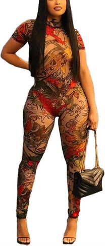 Sexy Jumpsuits for Women Bodycon Mesh Print One Piece Jumpsuit Short Sleeve Jumpsuit Trendy in Kuwait