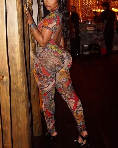 Sexy Jumpsuits for Women Bodycon Mesh Print One Piece Jumpsuit Short Sleeve Jumpsuit Trendy in Kuwait