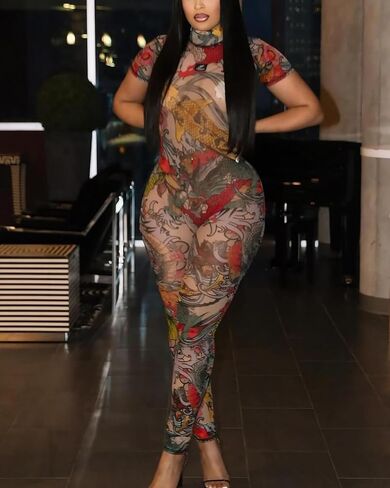 Sexy Jumpsuits for Women Bodycon Mesh Print One Piece Jumpsuit Short Sleeve Jumpsuit Trendy in Kuwait