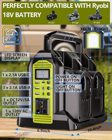 Taingwei 350W Leverter لبطارية Ryobi 18V ، 4 شركات DC 18V إلى AC 110-120V Battern Helperter مع 3 منفذ USB-A ، منفذ USB-C 1 ، ضوء 300LM LED لحالات الطوارئ في الهواء الطلق (أداة فقط)) in Kuwait