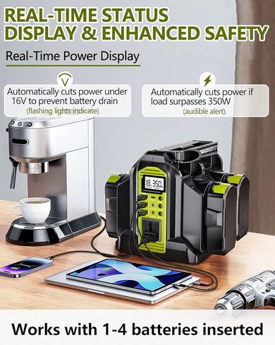 Taingwei 350W Leverter لبطارية Ryobi 18V ، 4 شركات DC 18V إلى AC 110-120V Battern Helperter مع 3 منفذ USB-A ، منفذ USB-C 1 ، ضوء 300LM LED لحالات الطوارئ في الهواء الطلق (أداة فقط)) in Kuwait