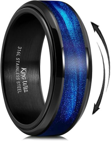 King Will Mens 8mm Stainless Steel Rings Anxiety Fidget Spinner Ring Black Plated Blue Green Galaxy Sand Inlay Beveled Edge Spinning Wedding Bands Comfort Fit Size 7-12 in Kuwait