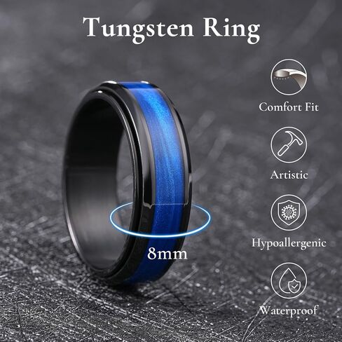 King Will Mens 8mm Stainless Steel Rings Anxiety Fidget Spinner Ring Black Plated Blue Green Galaxy Sand Inlay Beveled Edge Spinning Wedding Bands Comfort Fit Size 7-12 in Kuwait