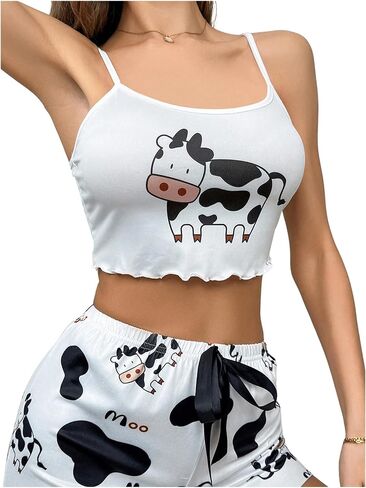 WDIRARA Women's Cow Print Sleeveless Pajama Top Lettuce Trim Fitted Crop Cami Tops in Saudi Arabia