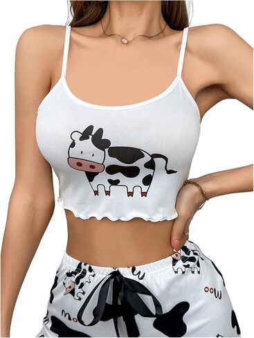 WDIRARA Women's Cow Print Sleeveless Pajama Top Lettuce Trim Fitted Crop Cami Tops in Saudi Arabia