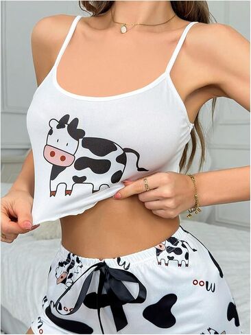 WDIRARA Women's Cow Print Sleeveless Pajama Top Lettuce Trim Fitted Crop Cami Tops in Saudi Arabia
