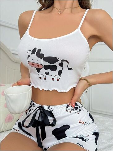 WDIRARA Women's Cow Print Sleeveless Pajama Top Lettuce Trim Fitted Crop Cami Tops in Saudi Arabia