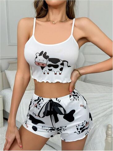 WDIRARA Women's Cow Print Sleeveless Pajama Top Lettuce Trim Fitted Crop Cami Tops in Saudi Arabia