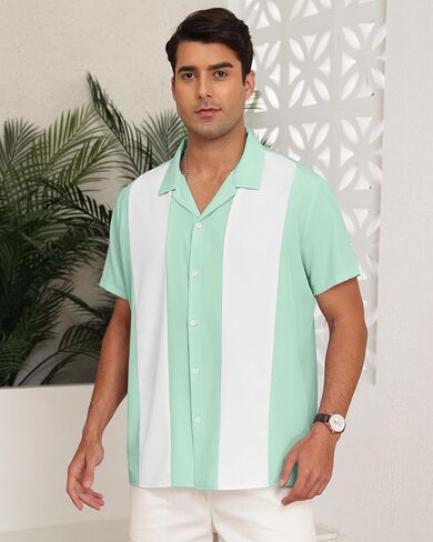 ytd men intage bowling shirt button short sleeve button down summer cuba beach dorts in Kuwait