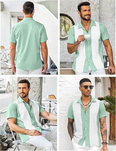 ytd men intage bowling shirt button short sleeve button down summer cuba beach dorts in Kuwait