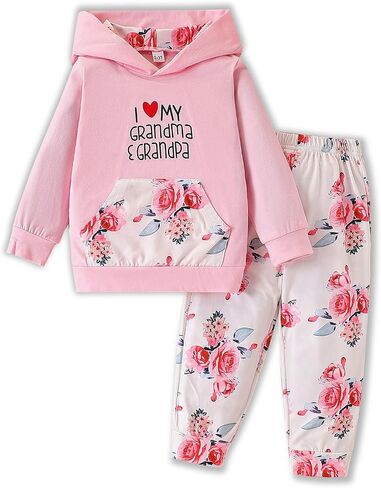 2PC Girls Clothes Girl letter and Floral print Hooded Set, letter print Top +Floral print Pants Set in Kuwait