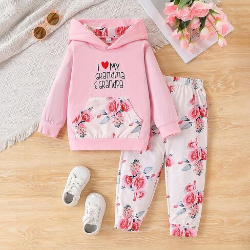 2PC Girls Clothes Girl letter and Floral print Hooded Set, letter print Top +Floral print Pants Set in Kuwait