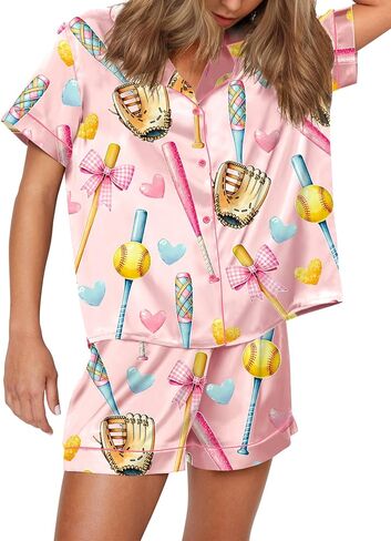 SHESHOW Pajamas for Women Set Satin Button Down Short Sleeve Top and Shorts Pjs Sets Sport Ball Print Sleepwear XS-XXL in Saudi Arabia