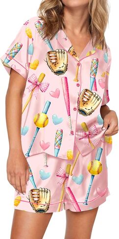 SHESHOW Pajamas for Women Set Satin Button Down Short Sleeve Top and Shorts Pjs Sets Sport Ball Print Sleepwear XS-XXL in Saudi Arabia