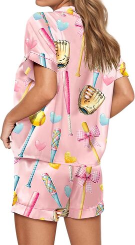 SHESHOW Pajamas for Women Set Satin Button Down Short Sleeve Top and Shorts Pjs Sets Sport Ball Print Sleepwear XS-XXL in Saudi Arabia