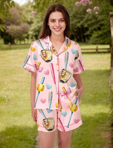SHESHOW Pajamas for Women Set Satin Button Down Short Sleeve Top and Shorts Pjs Sets Sport Ball Print Sleepwear XS-XXL in Saudi Arabia