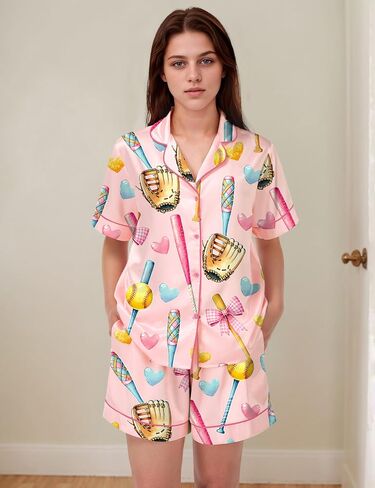 SHESHOW Pajamas for Women Set Satin Button Down Short Sleeve Top and Shorts Pjs Sets Sport Ball Print Sleepwear XS-XXL in Saudi Arabia