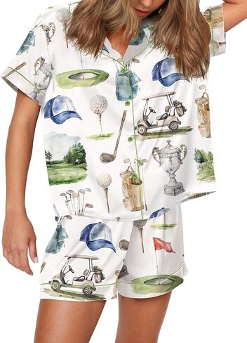 SHESHOW Pajamas for Women Set Satin Button Down Short Sleeve Top and Shorts Pjs Sets Sport Ball Print Sleepwear XS-XXL in Saudi Arabia