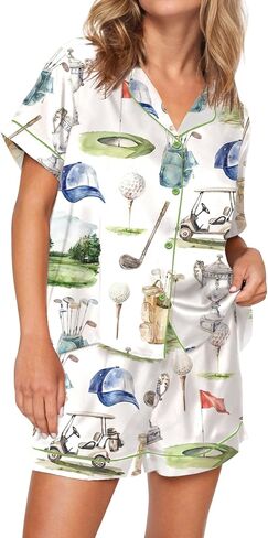 SHESHOW Pajamas for Women Set Satin Button Down Short Sleeve Top and Shorts Pjs Sets Sport Ball Print Sleepwear XS-XXL in Saudi Arabia
