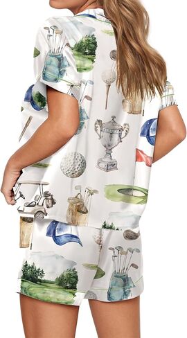SHESHOW Pajamas for Women Set Satin Button Down Short Sleeve Top and Shorts Pjs Sets Sport Ball Print Sleepwear XS-XXL in Saudi Arabia